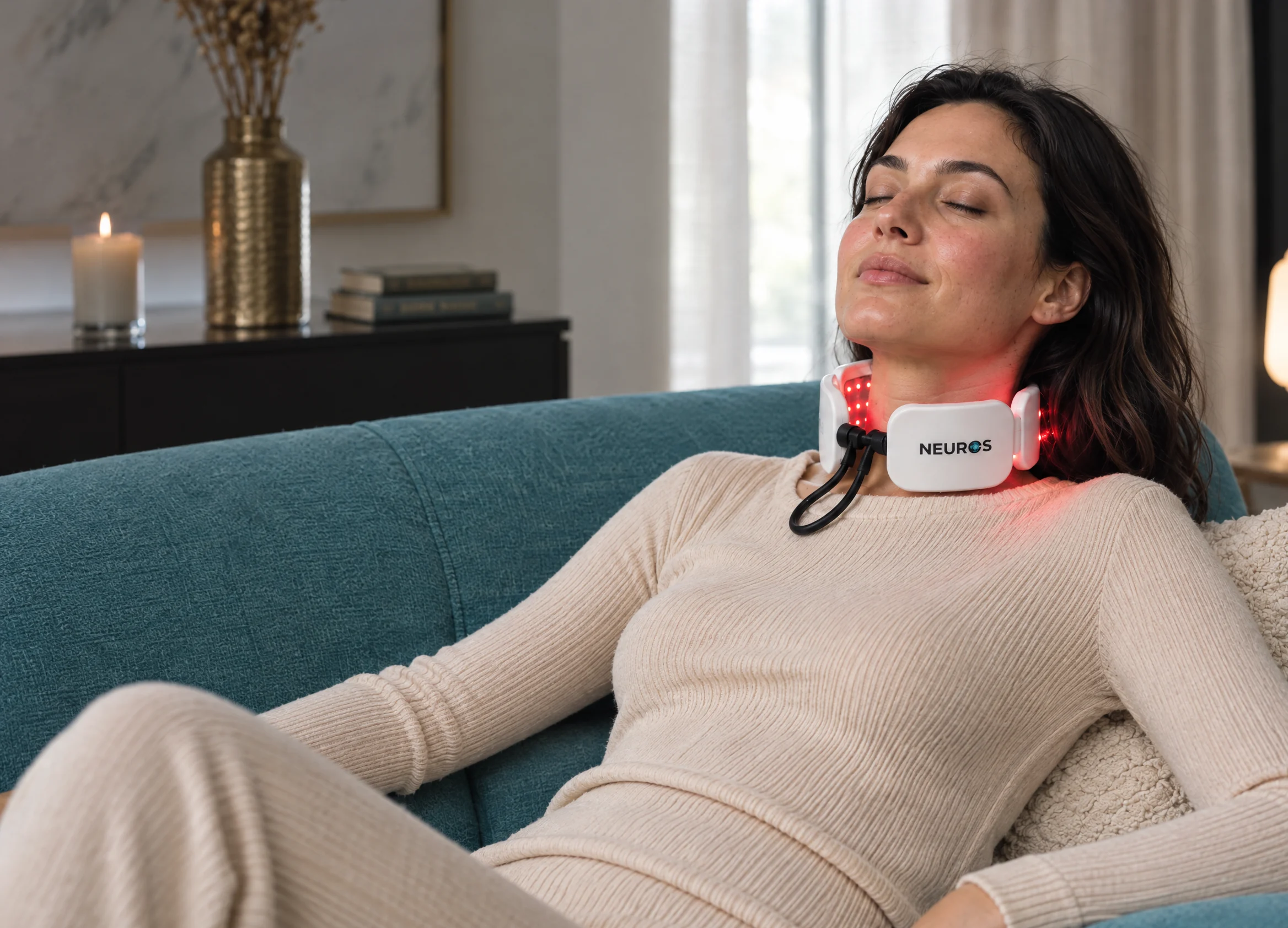 Femeie relaxată pe canapea, cu NEUROS Calm la gât